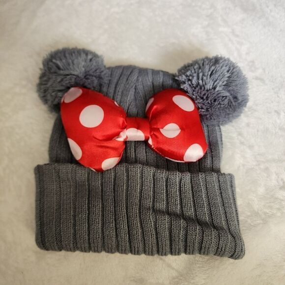 Minnie Mouse Inspired Gray Beanie With Bow and Ears - Picture 1 of 5